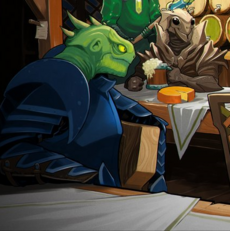 Relc (front) and Klbkch (background) sitting in the inn, by Victor Koroedov