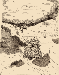 Bulk by Cortz. (Supposed to be Termin on a delivery of household appliances in autumn, with a leaf obscuring his two horses, and a random dungeon in the distance)